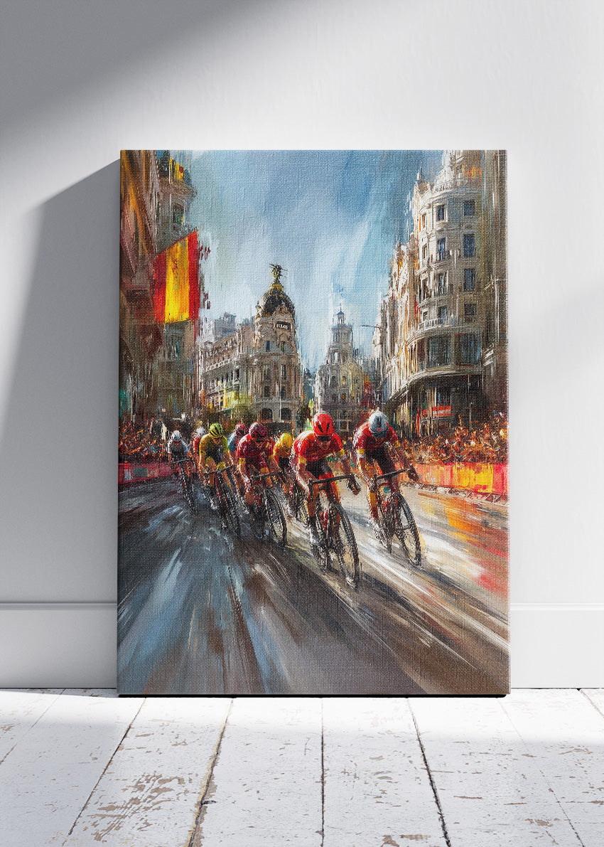 City Peloton Cycling Poster & Canvas Art Print – High-Speed Road Race Through Historic European City