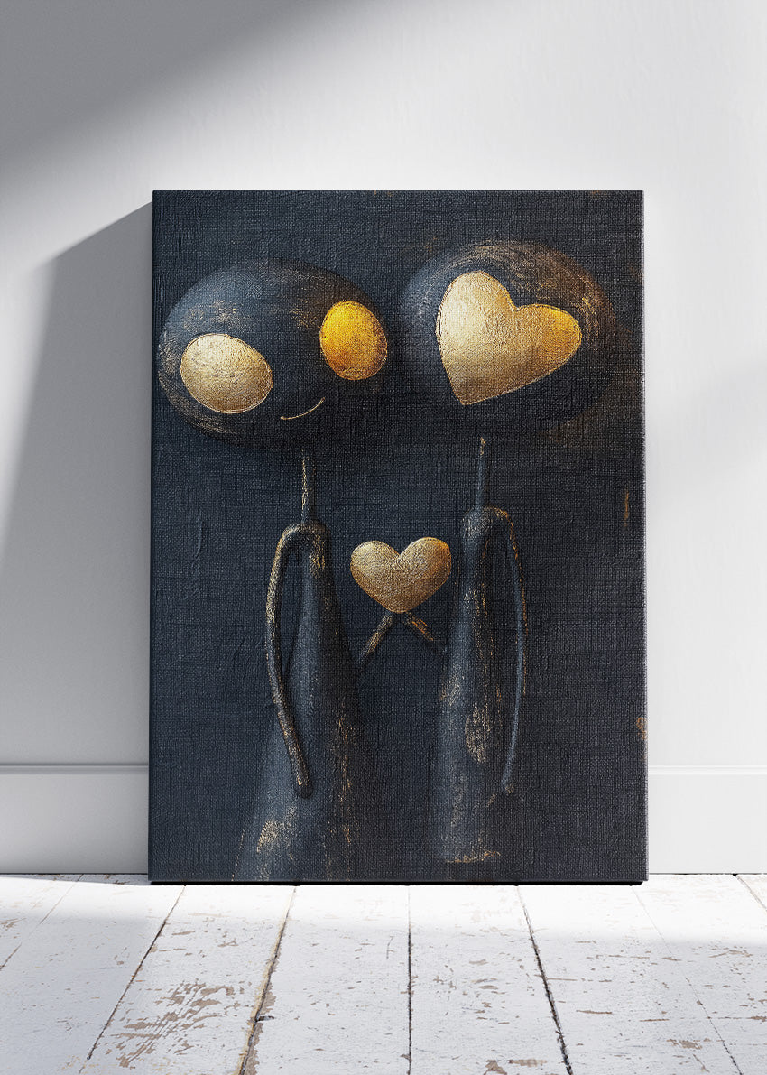Modern Abstract Couple Wall Art – Black and Gold Love Heart Canvas Print & Contemporary Romantic Poster for Bedroom Decor UK