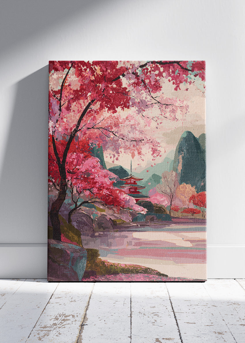 Japanese Cherry Blossom Temple Landscape Canvas & Poster Print – AI PRINT LAB