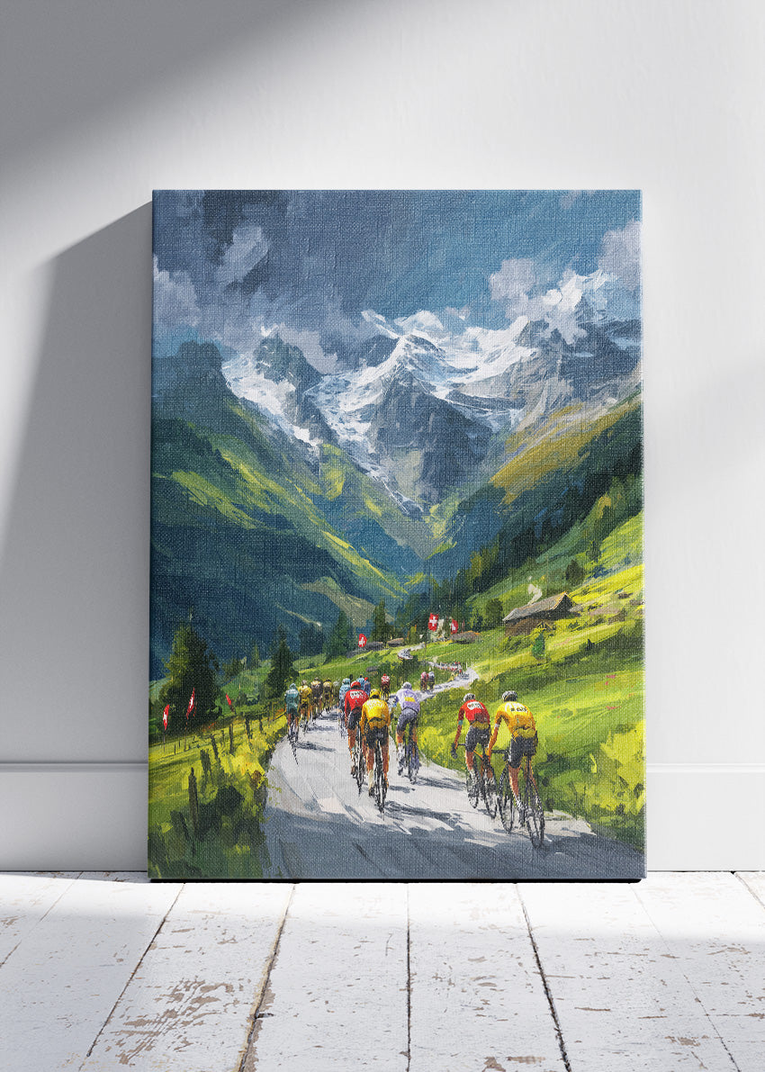 Alpine Valley Cycling Poster & Canvas Art Print – Mountain Peloton with Snow-Capped Peaks