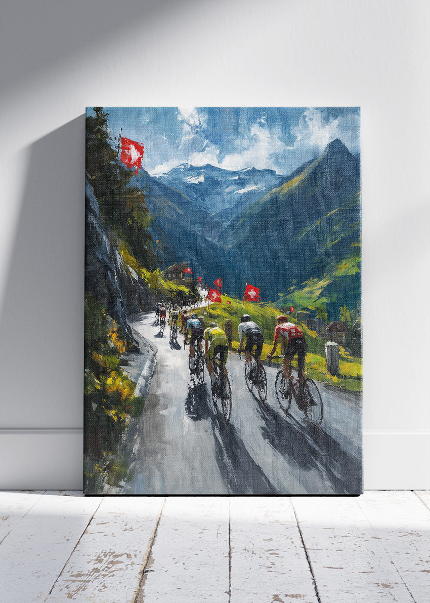 Swiss Mountain Cycling Poster & Canvas Art Print – Alpine Climb with Peloton