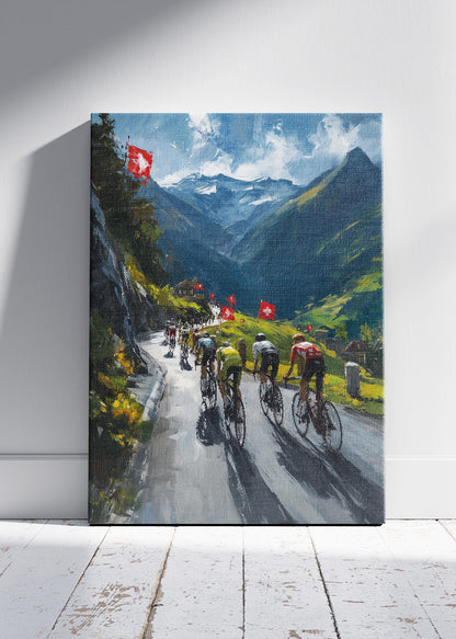 Swiss Mountain Cycling Poster & Canvas Art Print – Alpine Climb with Peloton