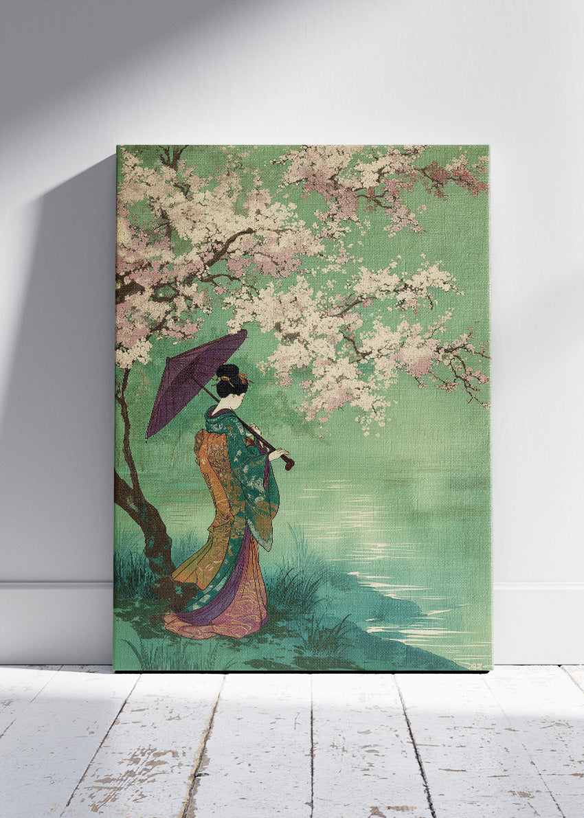 Japanese Geisha Cherry Blossom Lake Canvas & Poster Print – AI PRINT LAB