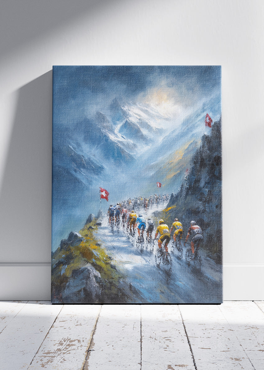 High Alpine Cycling Poster & Canvas Art Print – Snowy Mountain Ascent