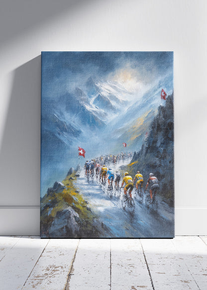 High Alpine Cycling Poster & Canvas Art Print – Snowy Mountain Ascent