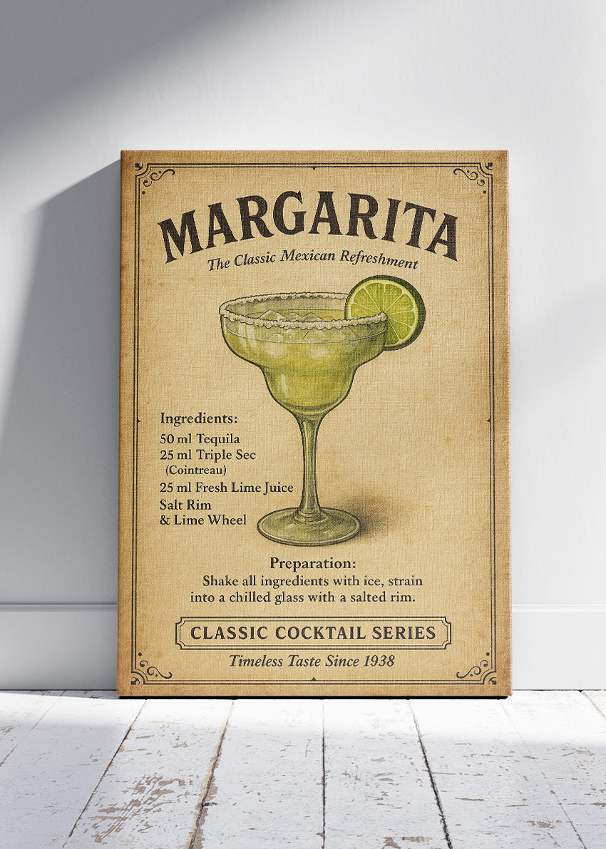 Margarita Classic Cocktail Recipe Poster & Canvas Print | Vintage Mexican Bar Wall Art
