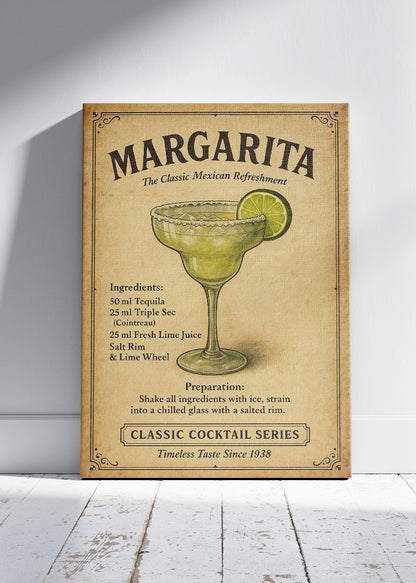 Margarita Classic Cocktail Recipe Poster & Canvas Print | Vintage Mexican Bar Wall Art