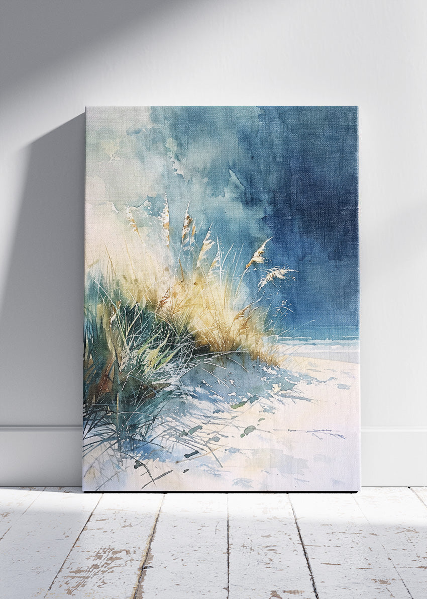 Coastal Dunes with Golden Grass – Soft Blue Seaside Watercolor Wall Art Poster & Canvas – AI PRINT LAB