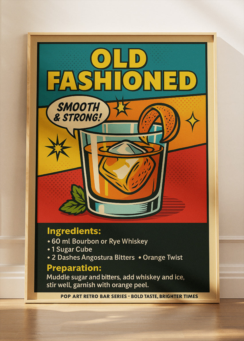 Old Fashioned Pop Art Cocktail Poster & Canvas Print | Retro Whiskey Bar Wall Art