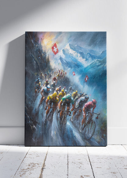 Epic Alpine Cycling Poster & Canvas Art Print – Peloton Climbing Swiss Mountain Pass