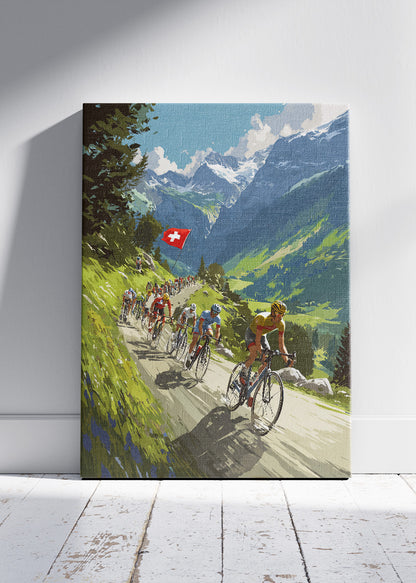 Swiss Alpine Cycling Poster & Canvas Art Print – Peloton Climbing Mountain Road