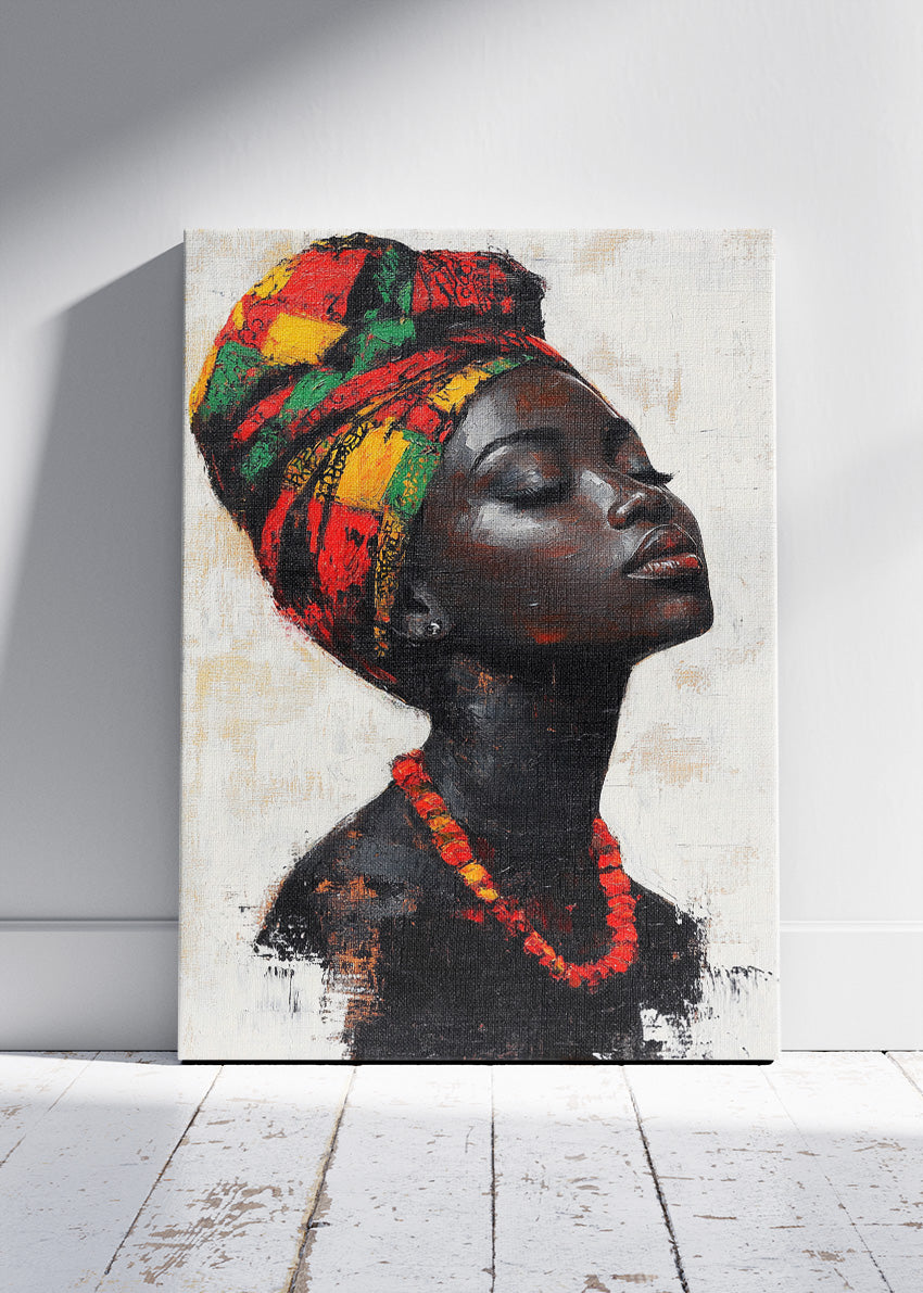 African Headwrap Woman Wall Art – Colourful Cultural Portrait Canvas Print & Modern Statement Poster for Living Room Decor UK