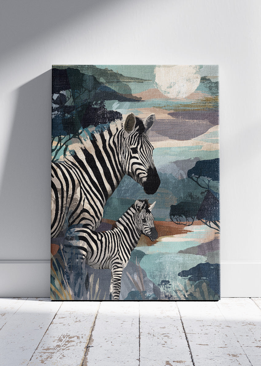 Zebra Family Poster & Canvas Print – Modern Safari Wildlife Art