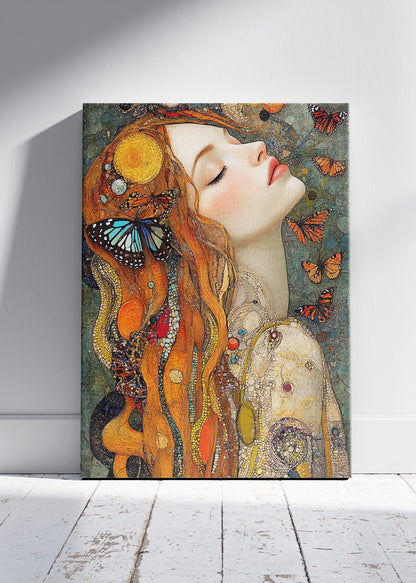 Art Nouveau Woman Wall Art – Butterfly Portrait Canvas Print & Elegant Bohemian Statement Poster for Living Room Decor UK
