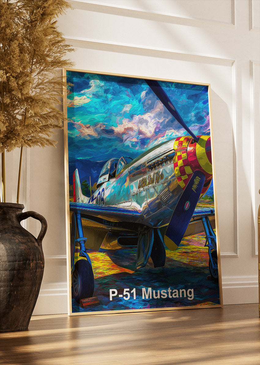 P-51 Mustang Poster & Canvas Print – Illustrated WWII Fighter Aircraft Wall Art