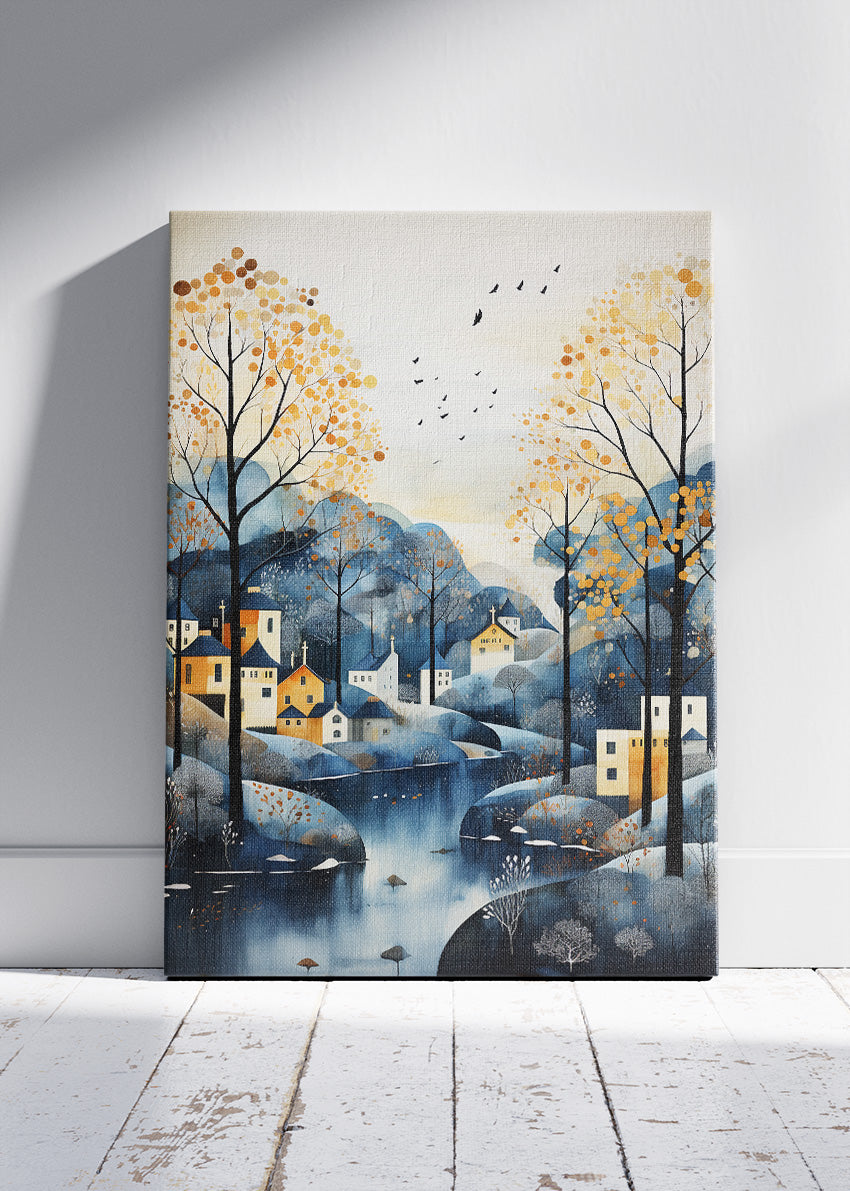 Autumn Riverside Village – Scandinavian Landscape Canvas & Poster Print – AI PRINT LAB