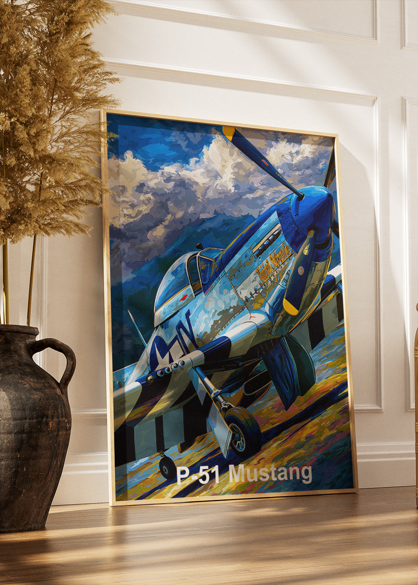 P-51 Mustang Poster & Canvas Print – Illustrated WWII Fighter Aircraft Wall Art