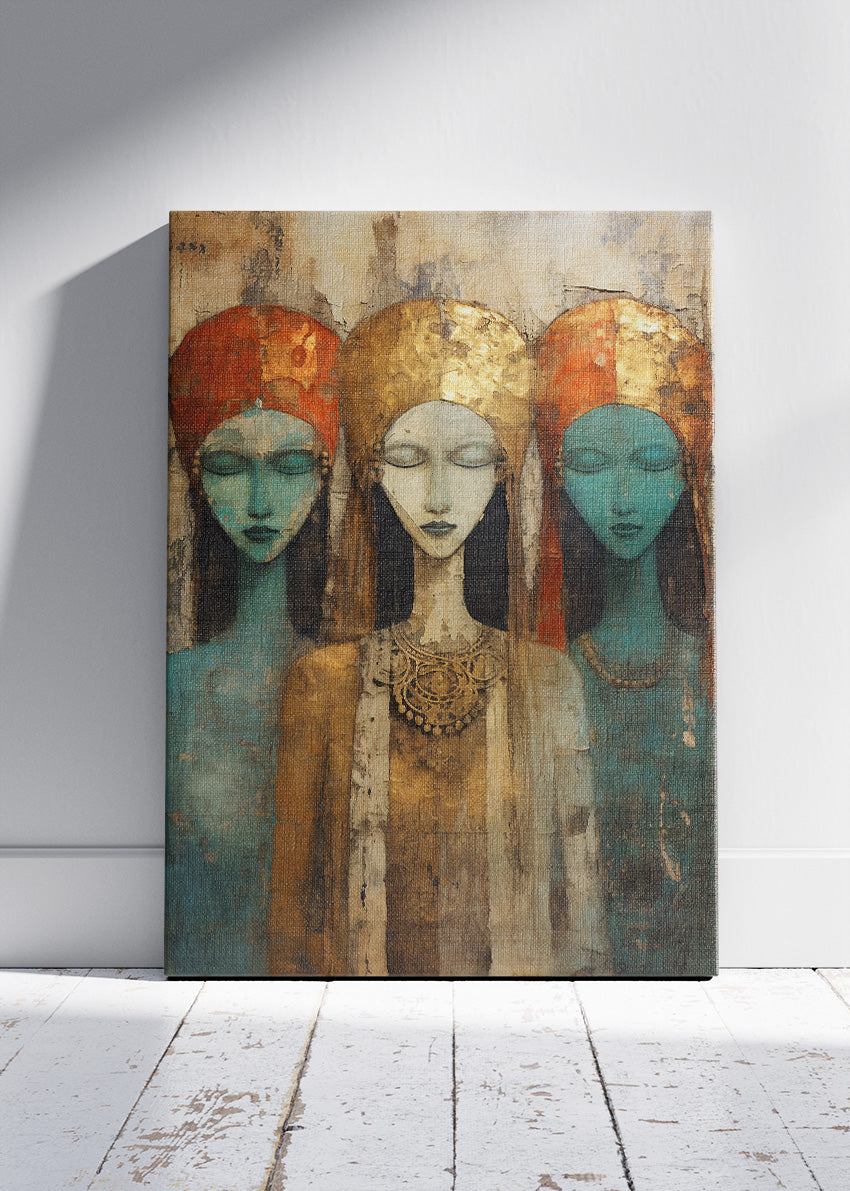 Abstract Tribal Women Wall Art – Bohemian Gold Portrait Canvas Print & Modern Ethnic Statement Poster for Living Room Decor UK