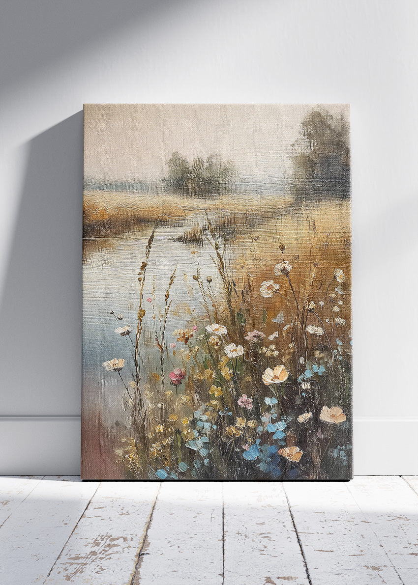 Golden Meadow River – Rustic Countryside Landscape Canvas & Poster Print – AI PRINT LAB
