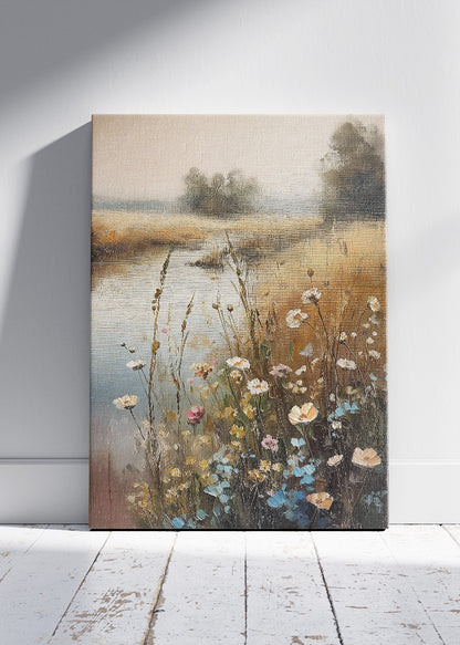 Golden Meadow River – Rustic Countryside Landscape Canvas & Poster Print – AI PRINT LAB