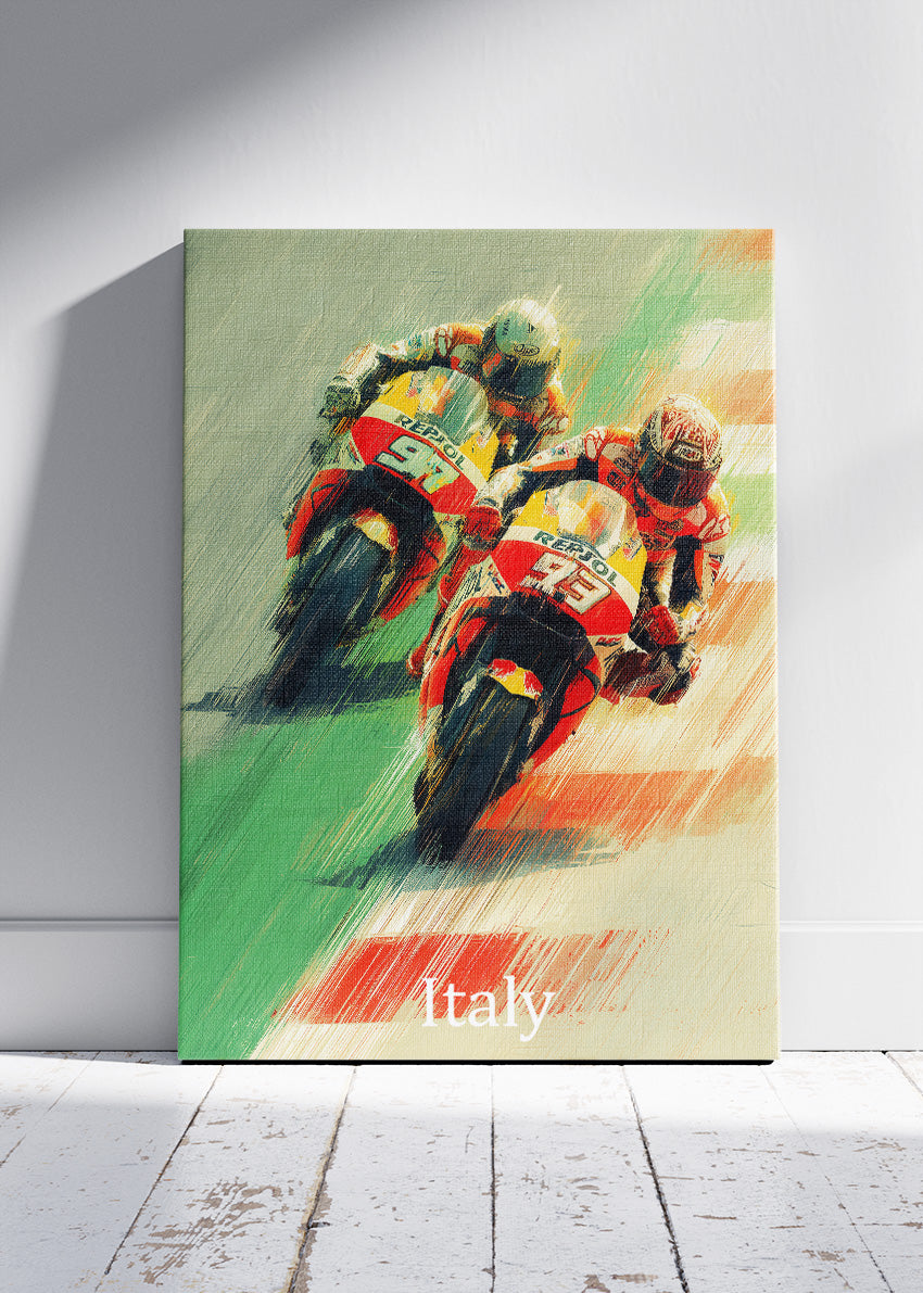 Italy Motorcycle Racing Duel Motion Wall Art Poster & Canvas