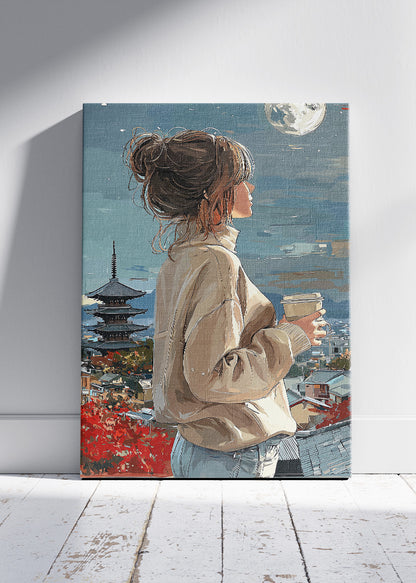 Japanese City Night Wall Art – Woman with Coffee Moonlit Landscape Canvas Print & Modern Travel Poster for Living Room Decor UK