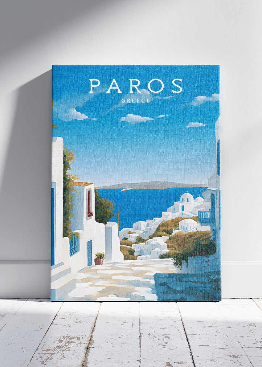 Paros Greece Coastal Village Poster & Canvas Print – Blue & White Greek Island Art