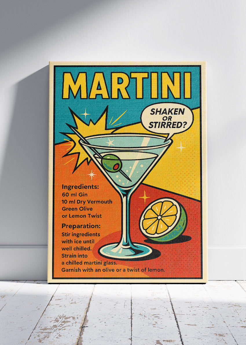 Martini Recipe Pop Art Poster & Canvas Print – Retro Shaken or Stirred Cocktail Wall Art