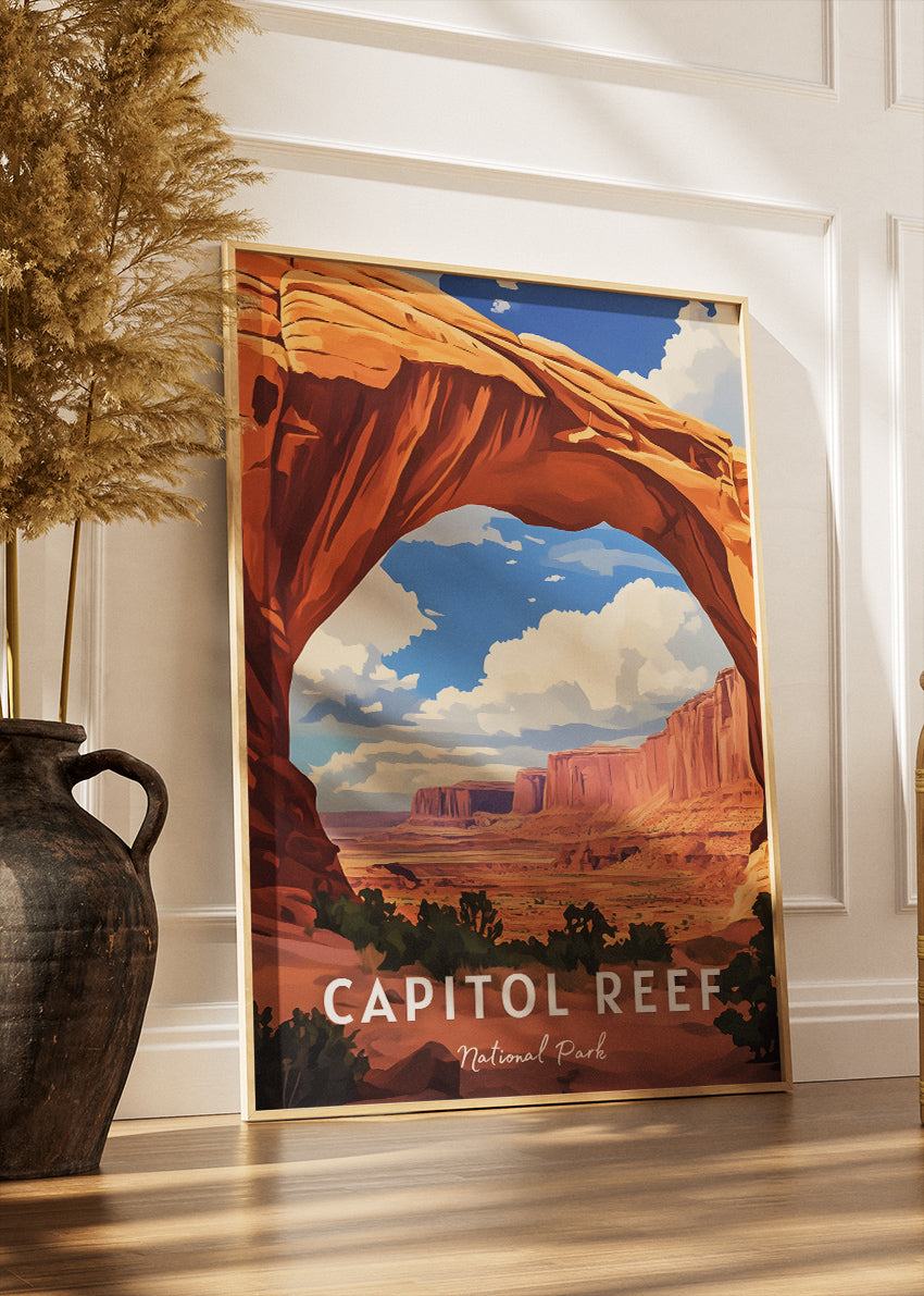 Capitol Reef National Park Poster & Canvas Print – Red Rock Arch Desert Landscape Illustration Wall Art
