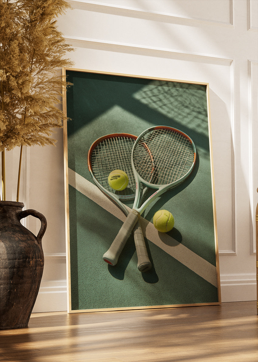 Tennis Rackets on Court Wall Art Poster & Canvas Print – Modern Sports Decor