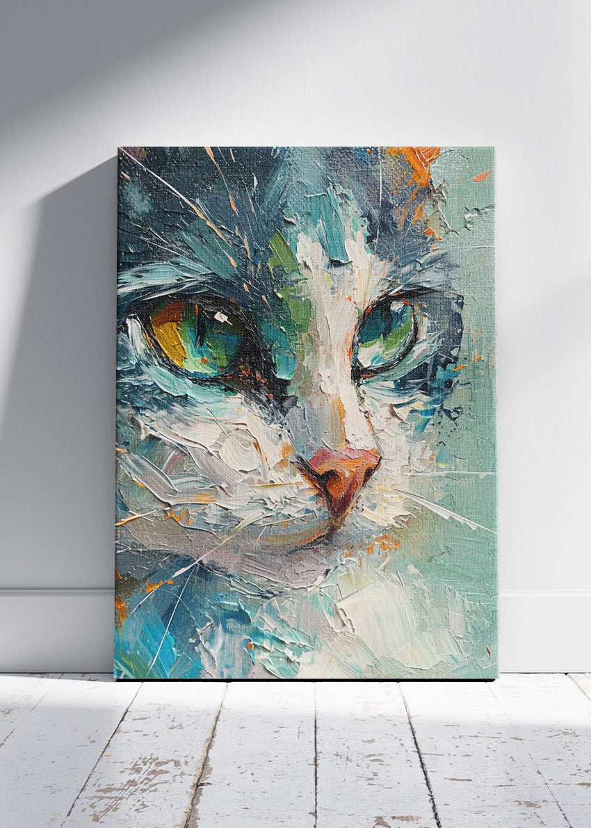 Abstract Cat Portrait Poster & Canvas Print – Colorful Textured Brush Art