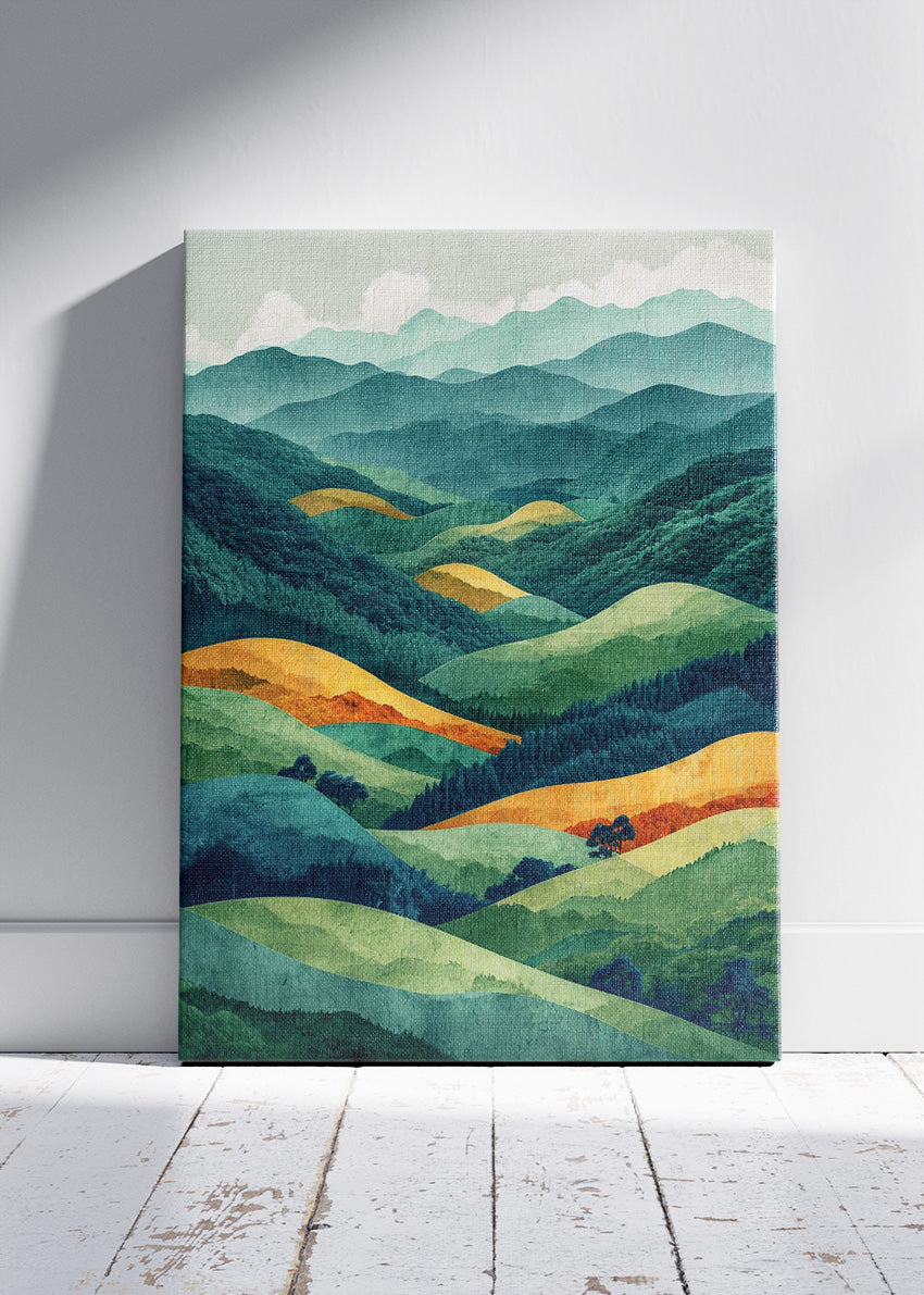 Emerald Rolling Hills – Modern Layered Mountain Landscape Canvas & Poster Print – AI PRINT LAB
