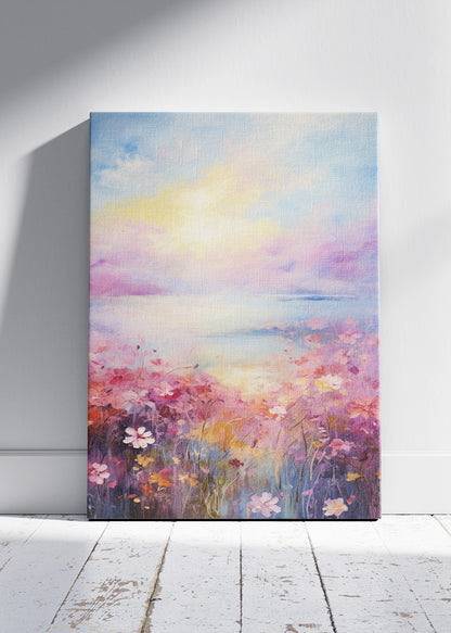 Pastel Floral Horizon – Dreamy Sunset Meadow Canvas & Poster Print – AI PRINT LAB