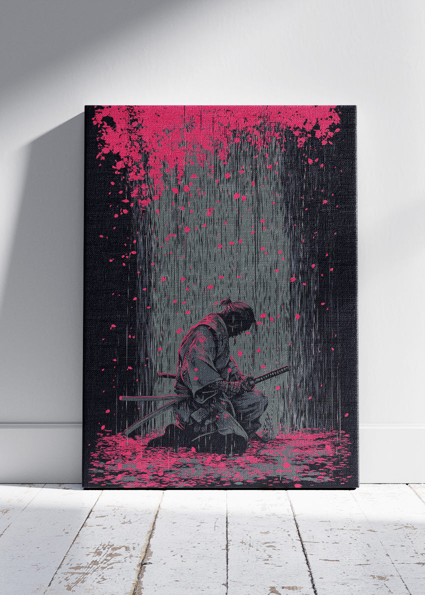 Samurai Wall Art – Dark Japanese Warrior Canvas Print & Modern Red Sakura Statement Poster for Living Room Decor UK