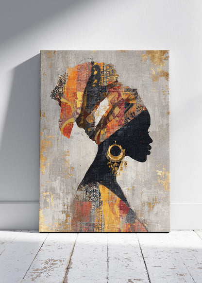 African Silhouette Wall Art – Gold and Orange Headwrap Portrait Canvas Print & Modern Cultural Statement Poster for Living Room Decor UK
