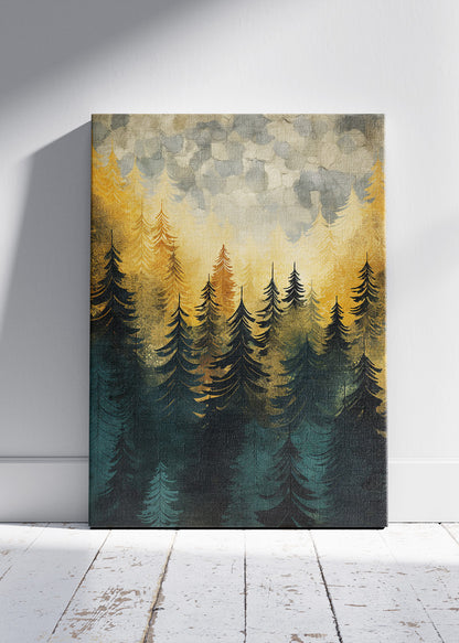 Golden Forest Mist – Modern Pine Tree Landscape Canvas & Poster Print – AI PRINT LAB