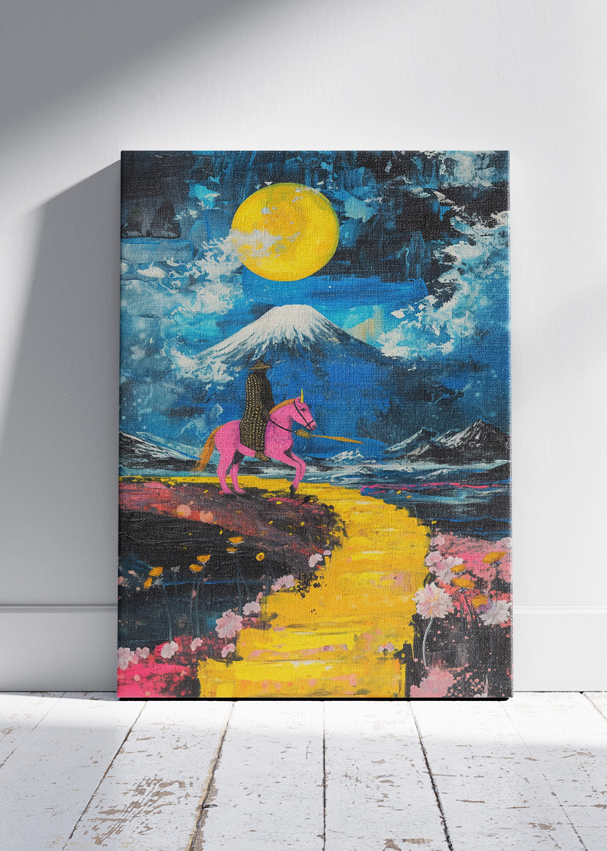 Neon Samurai Moon – Surreal Fantasy Landscape Canvas & Poster Print – AI PRINT LAB