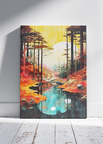 Autumn Reflection River – Modern Golden Forest Canvas & Poster Print – AI PRINT LAB