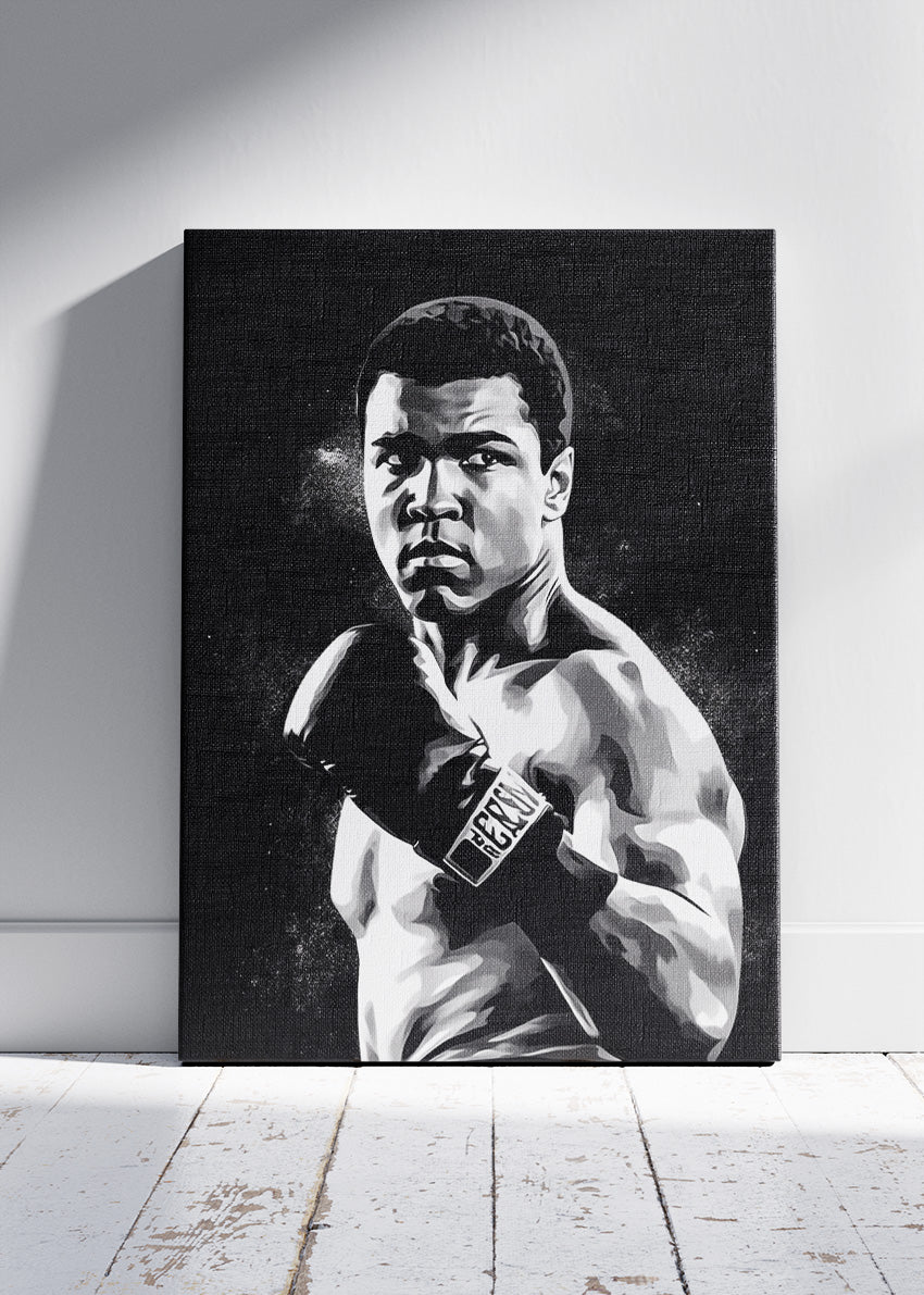 Muhammad Ali Black & White Boxing Portrait Poster & Canvas Art Print – Iconic Fight Wall Art