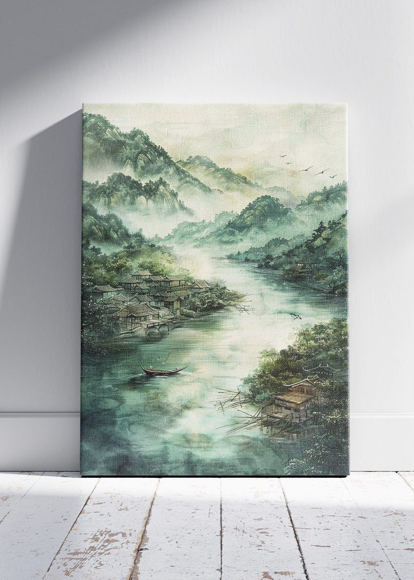 Misty Mountain River Village – Tranquil Asian Landscape Wall Art Poster & Canvas – AI PRINT LAB