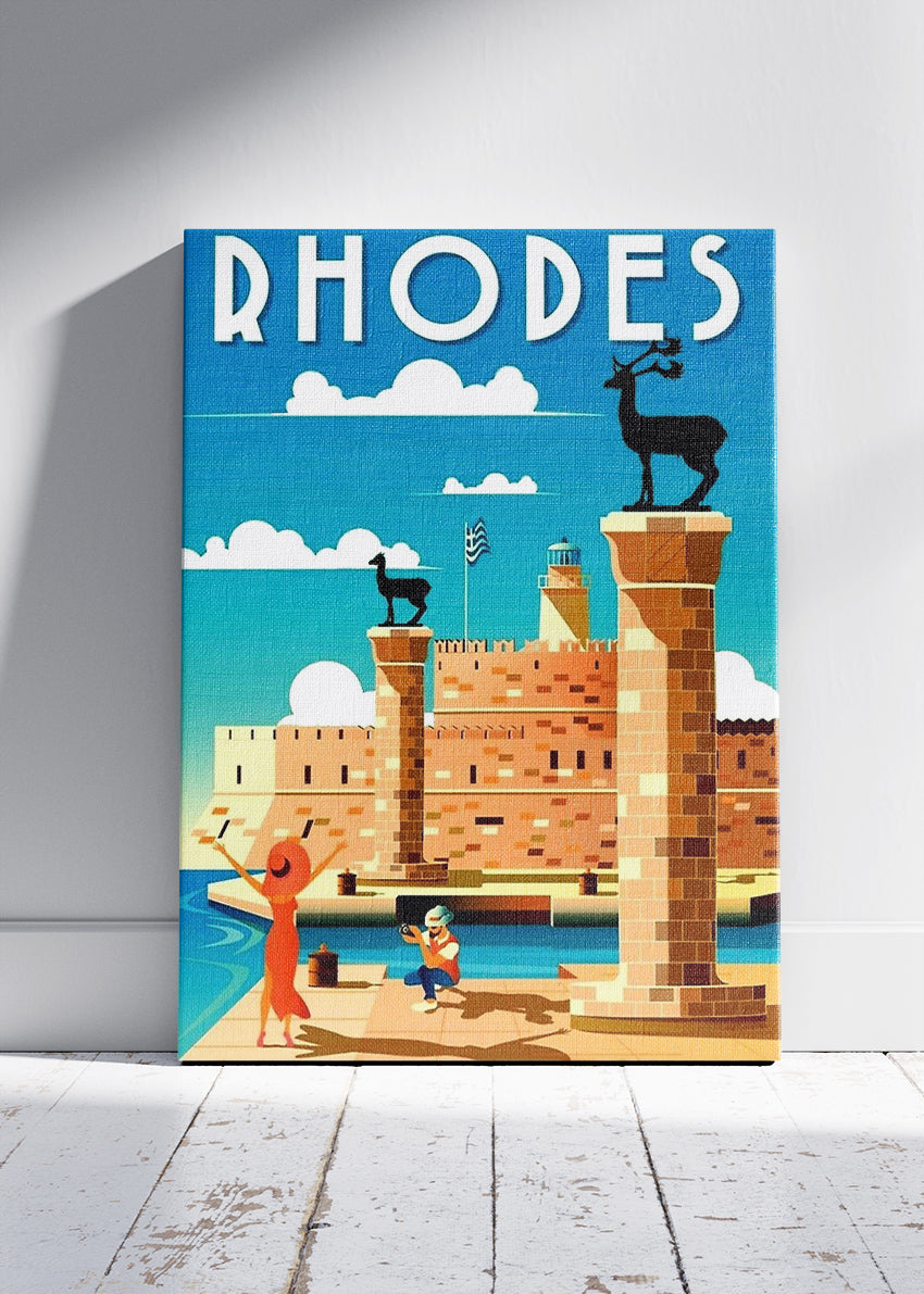 Rhodes Greece Vintage Travel Poster & Canvas Print – Mediterranean Old Town Art