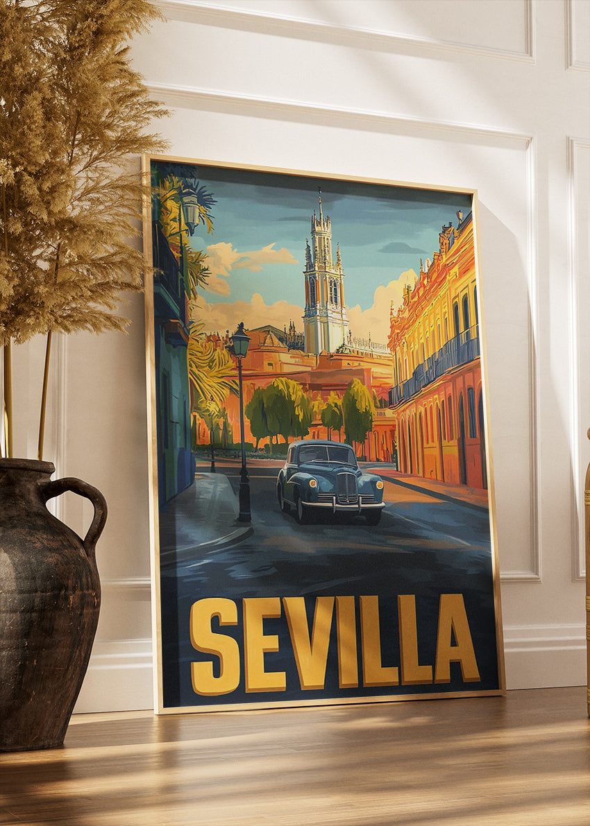 Sevilla Spain Poster & Canvas Print – Vintage Illustrated Andalusia Classic Car Art