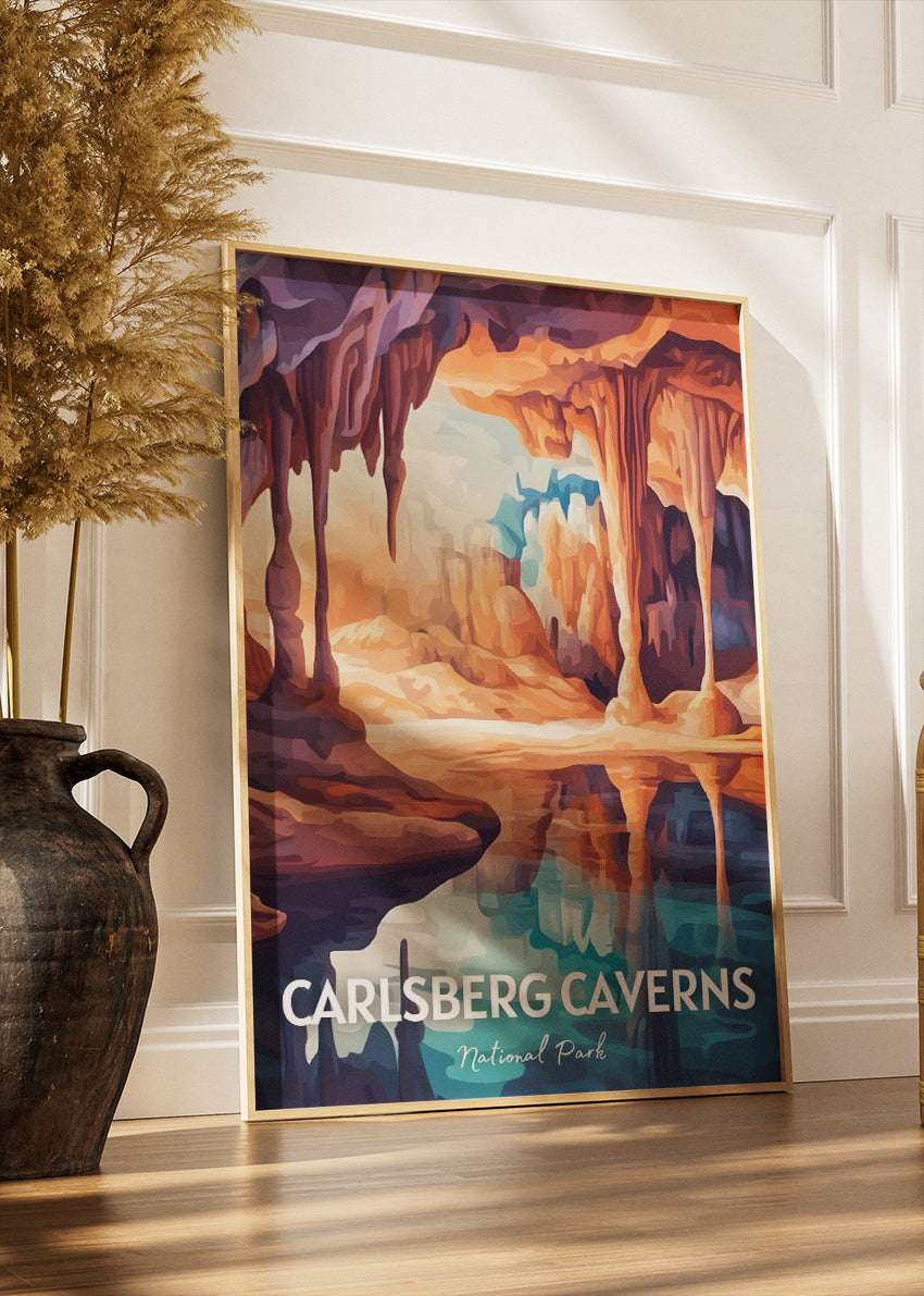Carlsberg Caverns National Park Poster & Canvas Print – Illustrated Cave Stalactite & Stalagmite Artwork Wall Art