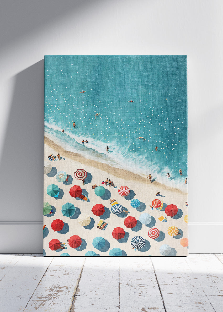 Summer Beach Aerial – Vibrant Coastal Umbrella Canvas & Poster Print – AI PRINT LAB