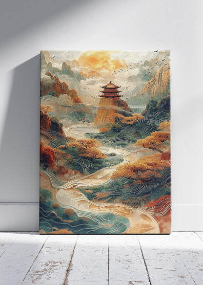 Golden Pagoda Valley – Oriental Mountain Landscape Canvas & Poster Print – AI PRINT LAB