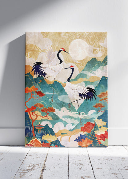 Japanese Crane Art Poster & Canvas Print – Elegant Washi-Style Mountain Landscape