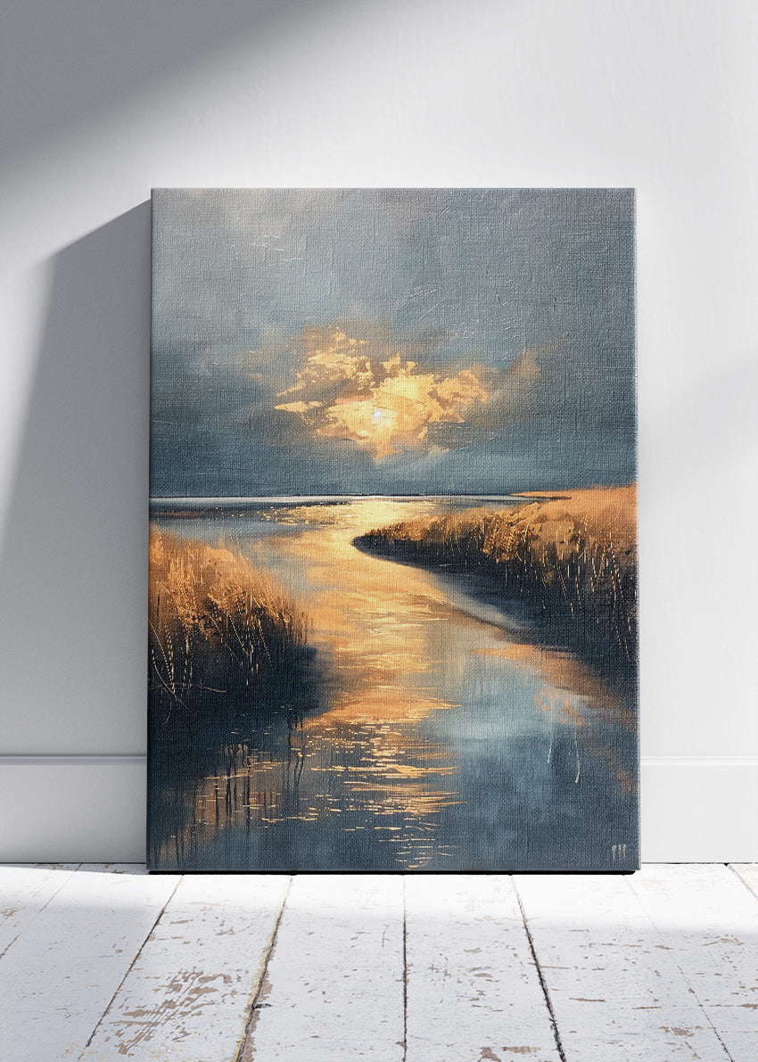 Golden River Glow – Moody Sunset Waterscape Canvas & Poster Print – AI PRINT LAB