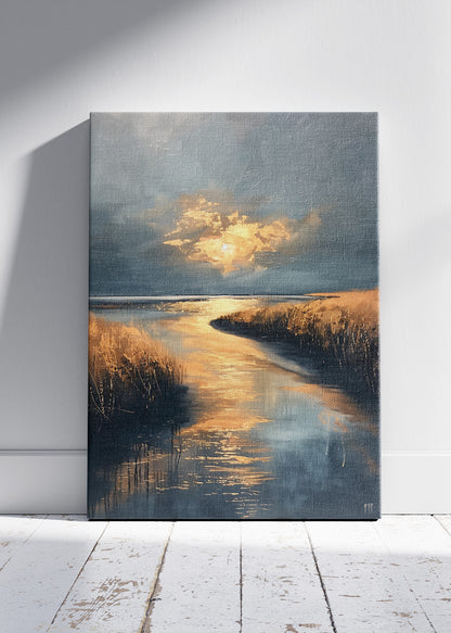 Golden River Glow – Moody Sunset Waterscape Canvas & Poster Print – AI PRINT LAB