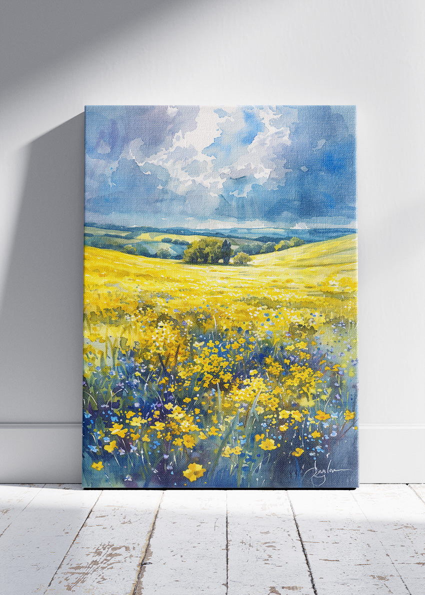 Golden Wildflower Fields – Bright Countryside Landscape Canvas & Poster Print – AI PRINT LAB