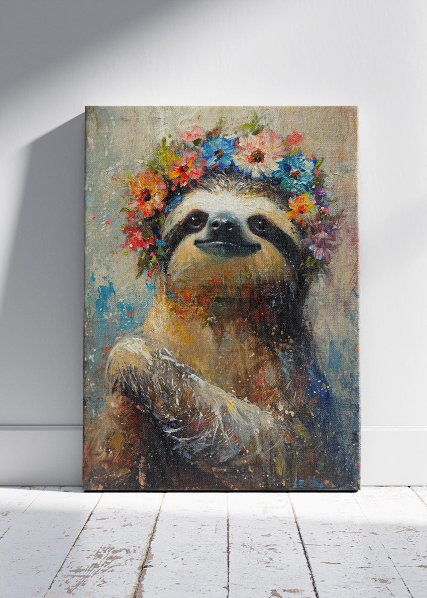 Boho Floral Sloth Poster & Canvas Print – Whimsical Animal Art Illustration